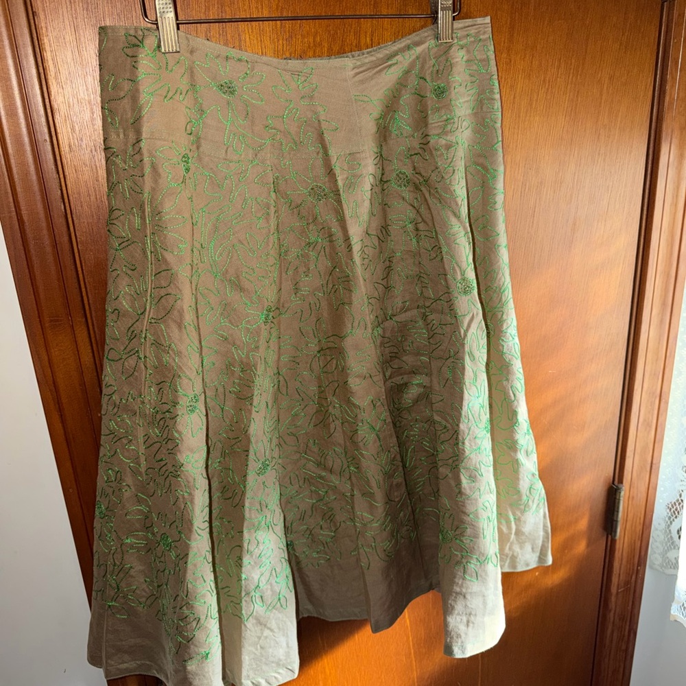 Carole Little Green Floral A-Line linen Skirt 12
